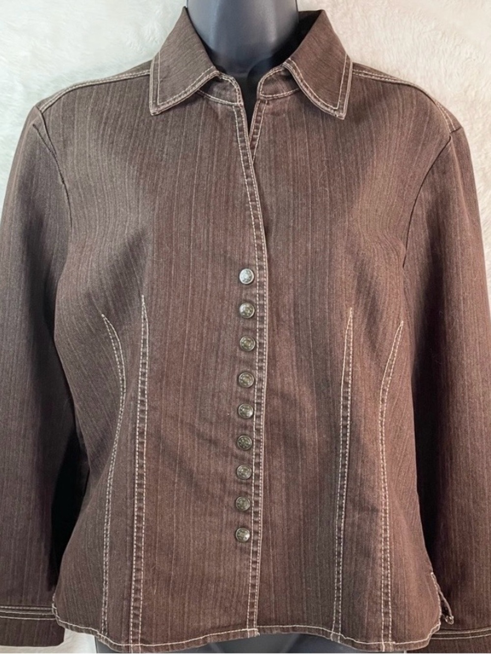 Dressbarn Chocolate Brown Denim Jacket Size L Button Front Stretch Jean Jacket